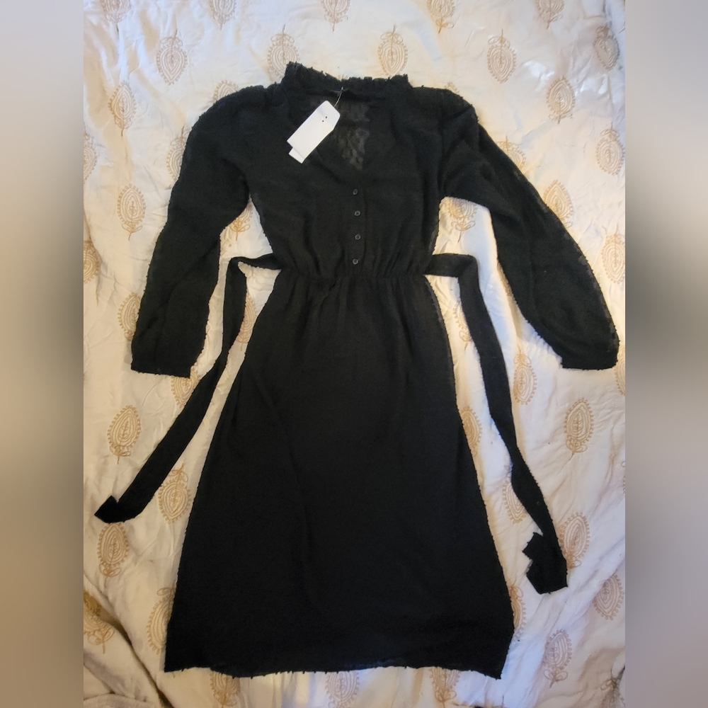 Elegant Black Women's Dress Swiss Dot Midi